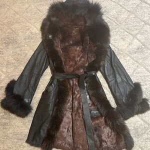 Luxurious Black and Brown Fur-Trimmed Leather Women's Coat